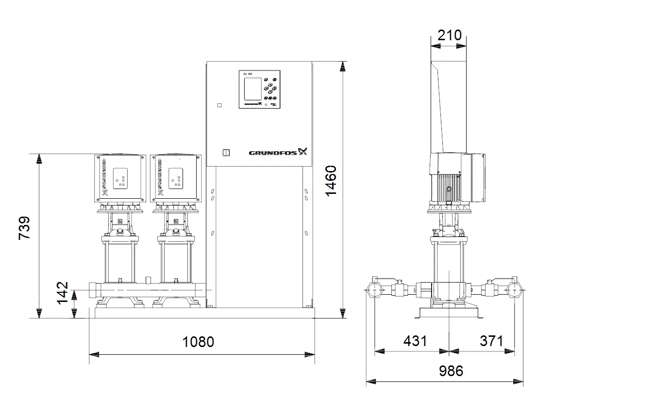 Druckerhöhungsanlage von Grundfos mit zwei Pumpen, Steuerungseinheit, vertikaler Bauform und Rohranschlüssen. Technische Details nicht sichtbar.